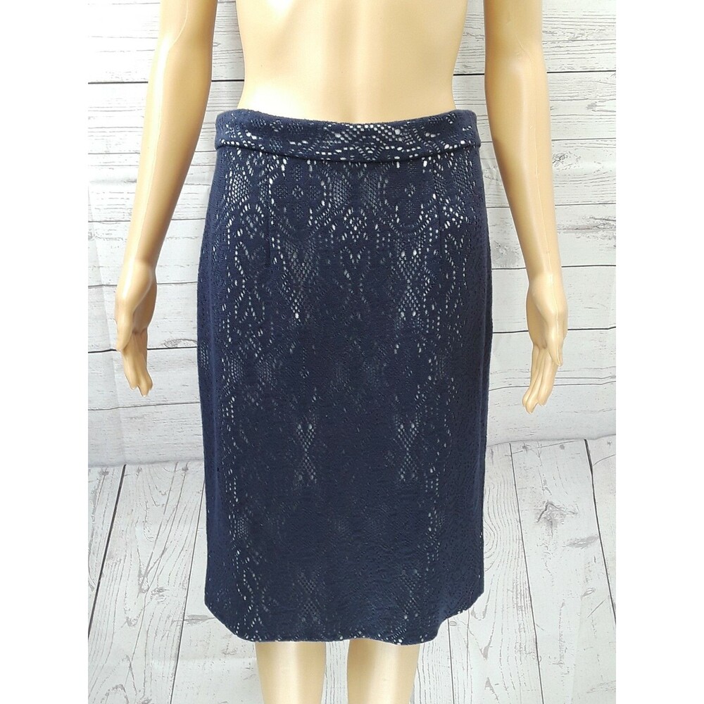 Kay Unger New York Pencil Skirt Lace Sheer Navy Blue Zipper Lined Sz 8